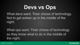 Devs vs Ops
What devs want: Their choice of technology.
Not to get woken up in the middle of the
night.
What ops want: Their choice of technology
so they know what to do in the middle of
the night.
 