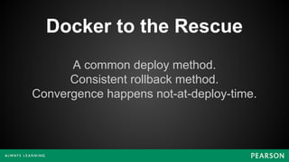 Docker to the Rescue
A common deploy method.
Consistent rollback method.
Convergence happens not-at-deploy-time.
 