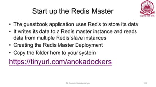 Start up the Redis Master
• The guestbook application uses Redis to store its data
• It writes its data to a Redis master instance and reads
data from multiple Redis slave instances
• Creating the Redis Master Deployment
• Copy the folder here to your system
https://tinyurl.com/anokadockers
Dr Ganesh Neelakanta Iyer 106
 