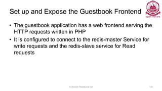 Set up and Expose the Guestbook Frontend
• The guestbook application has a web frontend serving the
HTTP requests written in PHP
• It is configured to connect to the redis-master Service for
write requests and the redis-slave service for Read
requests
Dr Ganesh Neelakanta Iyer 120
 