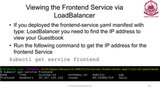 Viewing the Frontend Service via
LoadBalancer
• If you deployed the frontend-service.yaml manifest with
type: LoadBalancer you need to find the IP address to
view your Guestbook
• Run the following command to get the IP address for the
frontend Service
kubectl get service frontend
Dr Ganesh Neelakanta Iyer 128
 