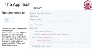 The App itself
Requirements.txt
app.py
That’s it! You don’t need Python
or anything in
requirements.txt on your
system, nor will building or
running this image install them
on your system. It doesn’t seem
like you’ve really set up an
environment with Python and
Flask, but you have.
 