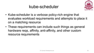 kube-scheduler
• Kube-scheduler is a verbose policy-rich engine that
evaluates workload requirements and attempts to place it
on a matching resource
• These requirements can include such things as general
hardware reqs, affinity, anti-affinity, and other custom
resource requirements
Dr Ganesh Neelakanta Iyer 83
 