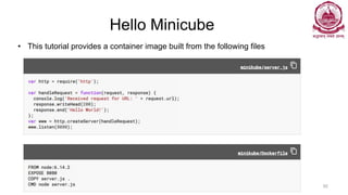 Hello Minicube
• This tutorial provides a container image built from the following files
Dr Ganesh Neelakanta Iyer 92
 