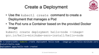 Create a Deployment
• Use the kubectl create command to create a
Deployment that manages a Pod
• The Pod runs a Container based on the provided Docker
image
kubectl create deployment hello-node --image=
gcr.io/hello-minikube-zero-install/hello-node
Dr Ganesh Neelakanta Iyer 95
 