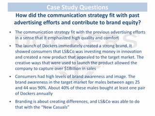 Case Study Questions 
How did the communication strategy fit with past 
advertising efforts and contribute to brand equity? 
 The communication strategy fit with the previous advertising efforts 
in a sense that it emphasized high quality and comfort 
 The launch of Dockers immediately created a strong brand. It 
showed consumers that LS&Co was investing money in innovation 
and created a new product that appealed to the target market. The 
creative ways that were used to launch the product allowed the 
company to capture over $1Billion in sales 
 Consumers had high levels of brand awareness and image. The 
brand awareness in the target market for males between ages 25 
and 44 was 90%. About 40% of these males bought at least one pair 
of Dockers annually 
 Branding is about creating differences, and LS&Co was able to do 
that with the “New Casuals” 
 