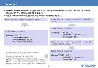 8
Docker run
docker run -itd --name=container1 centos
Docker는 docker0 network인 bridge를 가지고 있고, docker network create --subnet 192.168.1.0/24 net3
로 docker0가 아닌 다른 bridge를 만들수 있습니다.
이것은 –net option으로 조정가능하며, --ip option으로 IP를 지정가능합니다.
docker inspect container1
"Gateway": "172.17.0.1",
"GlobalIPv6Address": "",
"GlobalIPv6PrefixLen": 0,
"IPAddress": "172.17.0.2",
docker run -itd --name=container2 --net net2
centos
docker inspect container2
""Gateway": "192.168.0.1",
"IPAddress": "192.168.0.2",
"IPPrefixLen": 24,
docker run -itd --name=container01 --net net2 -
-ip 192.168.0.3 centos
docker inspect container2
"Gateway": "192.168.0.1",
"IPAddress": "192.168.0.3",
"IPPrefixLen": 24
[root@localhost ~]# docker attach container3
[root@ccef5ba7e55a /]# ping 8.8.8.8
PING 8.8.8.8 (8.8.8.8) 56(84) bytes of data.
64 bytes from 8.8.8.8: icmp_seq=1 ttl=52 time=37.0 ms
64 bytes from 8.8.8.8: icmp_seq=2 ttl=52 time=31.5 ms
64 bytes from 8.8.8.8: icmp_seq=3 ttl=52 time=30.2 ms
 