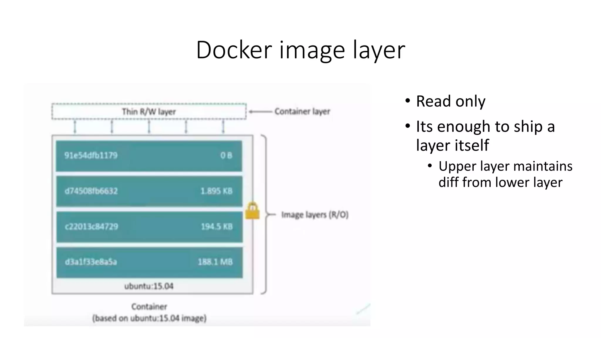 Docker image layer
• Read only
• Its enough to ship a
layer itself
• Upper layer maintains
diff from lower layer
 