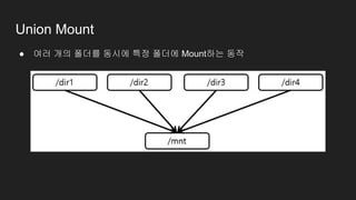 Union Mount
● 여러 개의 폴더를 동시에 특정 폴더에 Mount하는 동작
 