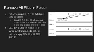 Remove All Files in Folder
● .wh..wh..opq라는 특수한 Whiteout
파일을 이용함
○ Branch의 특정 폴더 내 .wh..wh..opq
파일이 있으면 하위 Branch의 해당 폴더
내 모든 파일을 폴더 내에서 볼 수 없음
● 다시 dir 폴더를 생성하는 경우
layer_rw Branch의 /dir 폴더 안
.wh..wh..opq 파일 생성을 통해
처리함
 