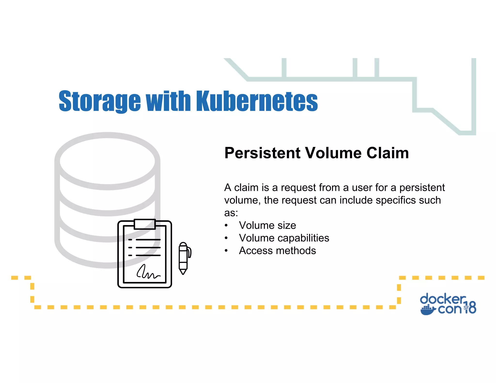 Storage with Kubernetes
Persistent Volume Claim
A claim is a request from a user for a persistent
volume, the request can include specifics such
as:
• Volume size
• Volume capabilities
• Access methods
 