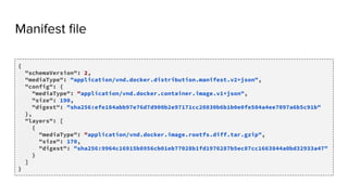 Manifest ﬁle
{
"schemaVersion": 2,
"mediaType": "application/vnd.docker.distribution.manifest.v2+json",
"config": {
"mediaType": "application/vnd.docker.container.image.v1+json",
"size": 190,
"digest": "sha256:efe184abb97e76d7d900b2e97171cc20830b6b1b0e0fe504a4ee7097a6b5c91b"
},
"layers": [
{
"mediaType": "application/vnd.docker.image.rootfs.diff.tar.gzip",
"size": 170,
"digest": "sha256:9964c16915b8956cb01eb77028b1fd1976287b5ec87cc1663844a0bd32933a47"
}
]
}
 