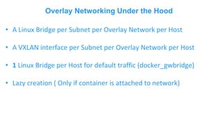 Overlay Networking Under the Hood
• A Linux Bridge per Subnet per Overlay Network per Host
• A VXLAN interface per Subnet per Overlay Network per Host
• 1 Linux Bridge per Host for default traffic (docker_gwbridge)
• Lazy creation ( Only if container is attached to network)
 