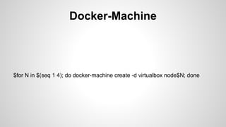 $for N in $(seq 1 4); do docker-machine create -d virtualbox node$N; done
Docker-Machine
 