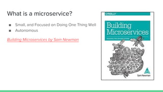 What is a microservice?
■ Small, and Focused on Doing One Thing Well
■ Autonomous
Building Microservices by Sam Newman
 