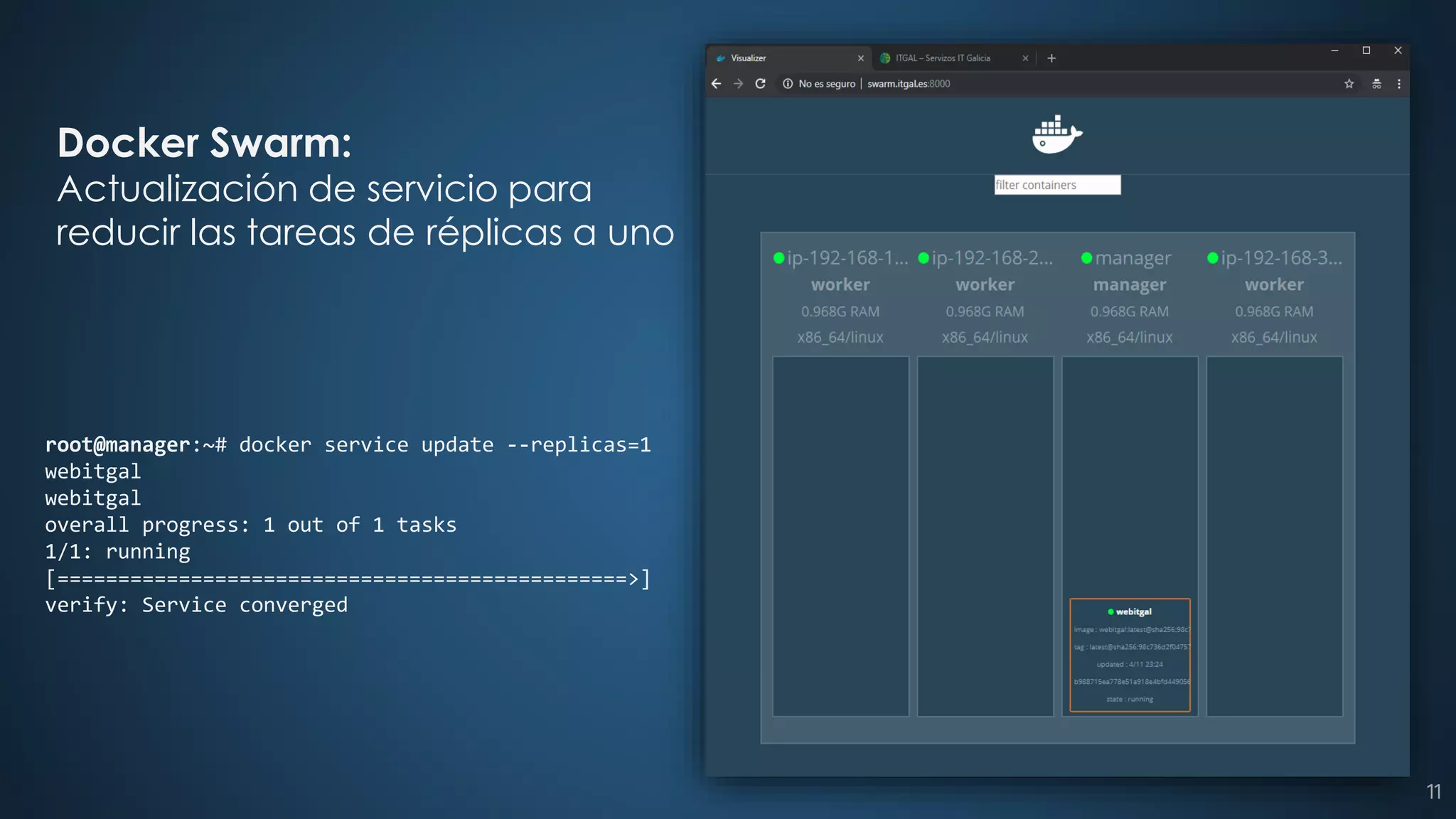 root@manager:~# docker service update --replicas=1
webitgal
webitgal
overall progress: 1 out of 1 tasks
1/1: running
[===============================================>]
verify: Service converged
Docker Swarm:
Actualización de servicio para
reducir las tareas de réplicas a uno
11
 