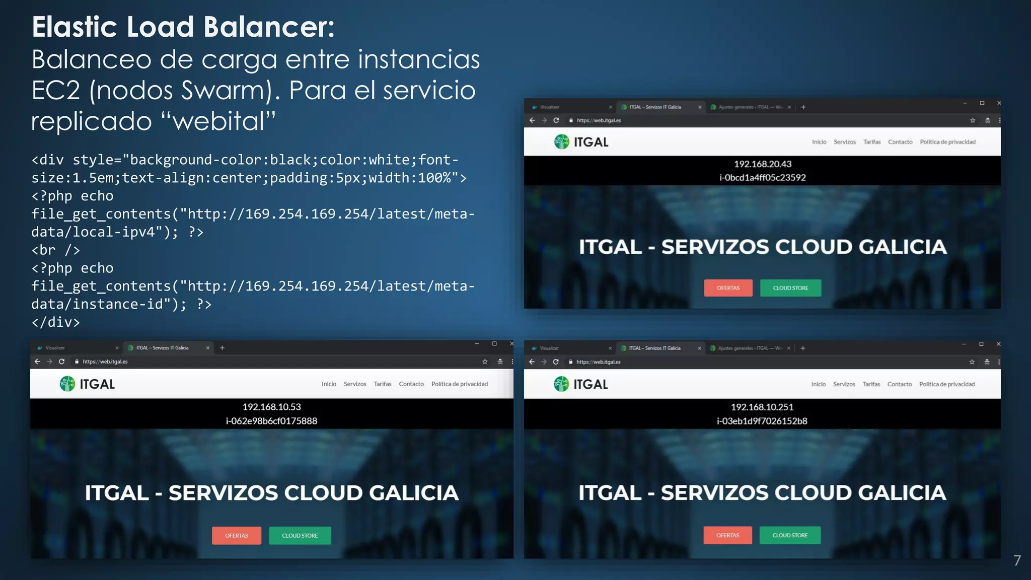 Elastic Load Balancer:
Balanceo de carga entre instancias
EC2 (nodos Swarm). Para el servicio
replicado “webital”
<div style="background-color:black;color:white;font-
size:1.5em;text-align:center;padding:5px;width:100%">
<?php echo
file_get_contents("http://169.254.169.254/latest/meta-
data/local-ipv4"); ?>
<br />
<?php echo
file_get_contents("http://169.254.169.254/latest/meta-
data/instance-id"); ?>
</div>
7
 