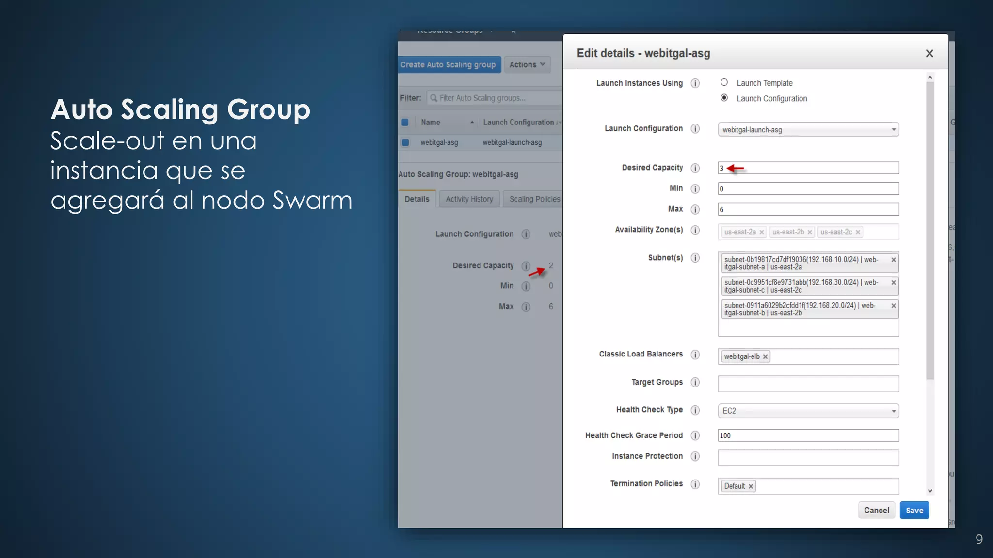 Auto Scaling Group
Scale-out en una
instancia que se
agregará al nodo Swarm
9
 