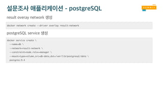 docker network create --driver overlay result-network
docker service create 
--name=db 
--network=result-network 
--constraint=node.role==manager 
--mount=type=volume,src=db-data,dst=/var/lib/postgresql/data 
postgres:9.4
 