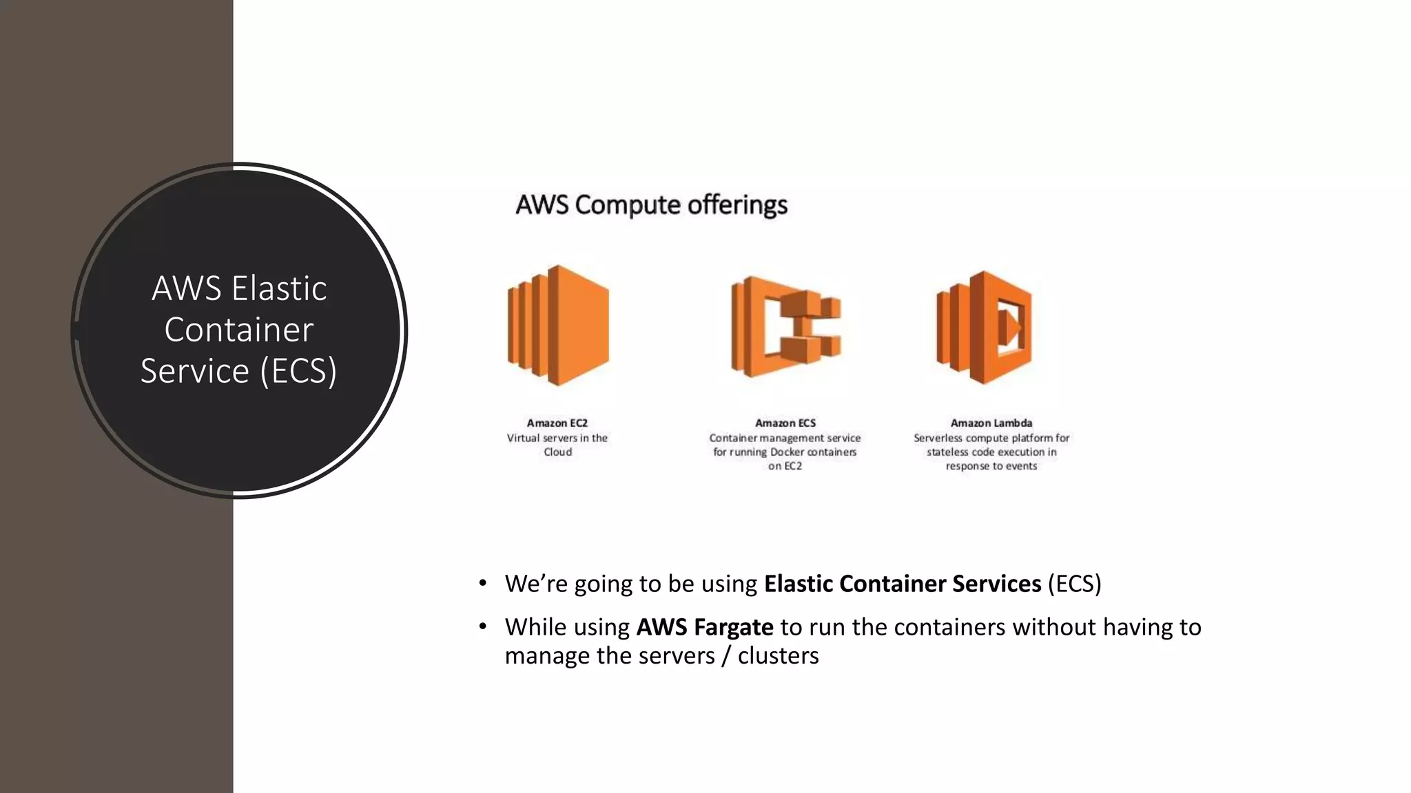 AWS Elastic
Container
Service (ECS)
• We’re going to be using Elastic Container Services (ECS)
• While using AWS Fargate to run the containers without having to
manage the servers / clusters
 