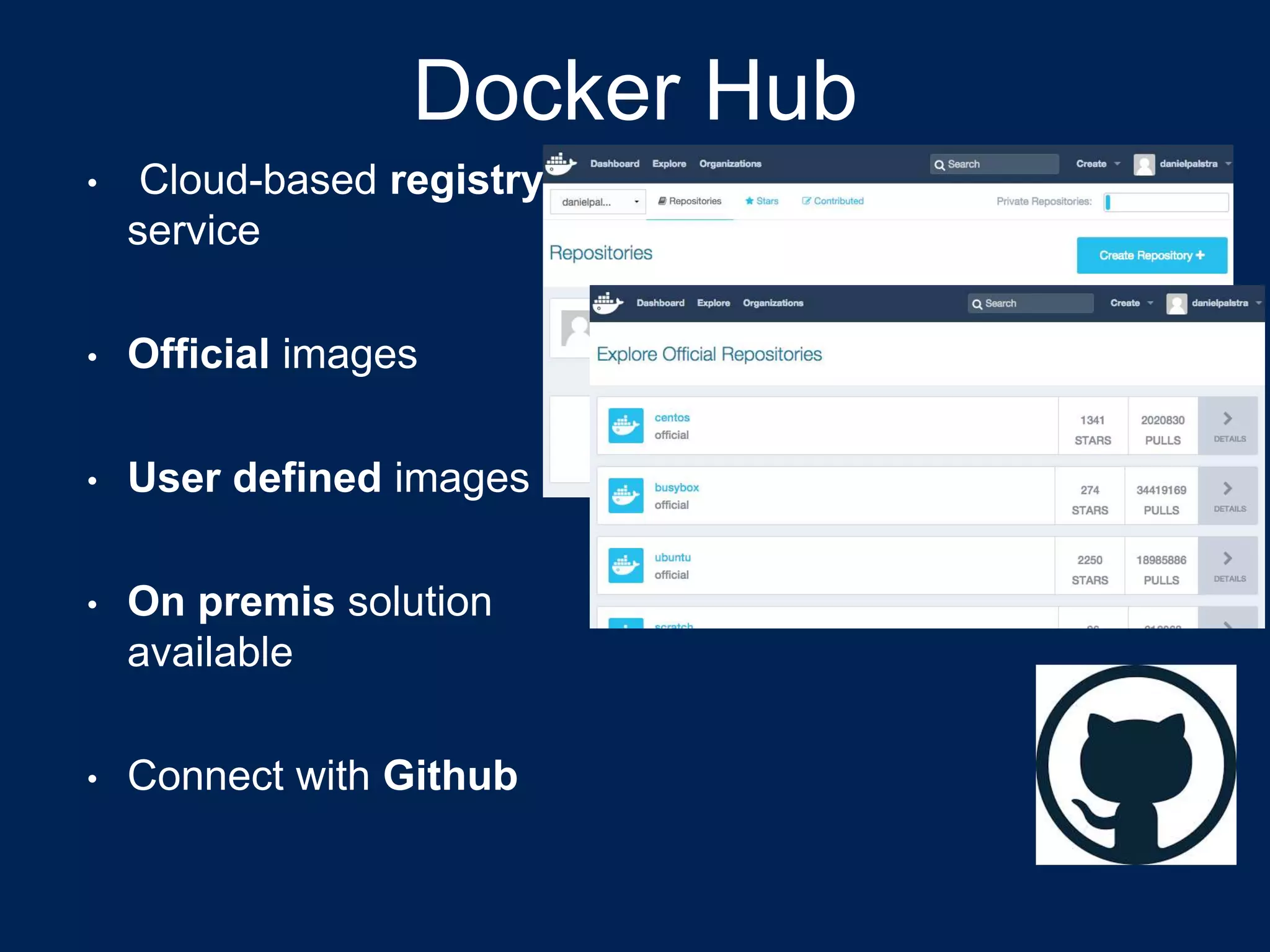 • Cloud-based registry
service
• Official images
• User defined images
• On premis solution
available
• Connect with Github
Docker Hub
 