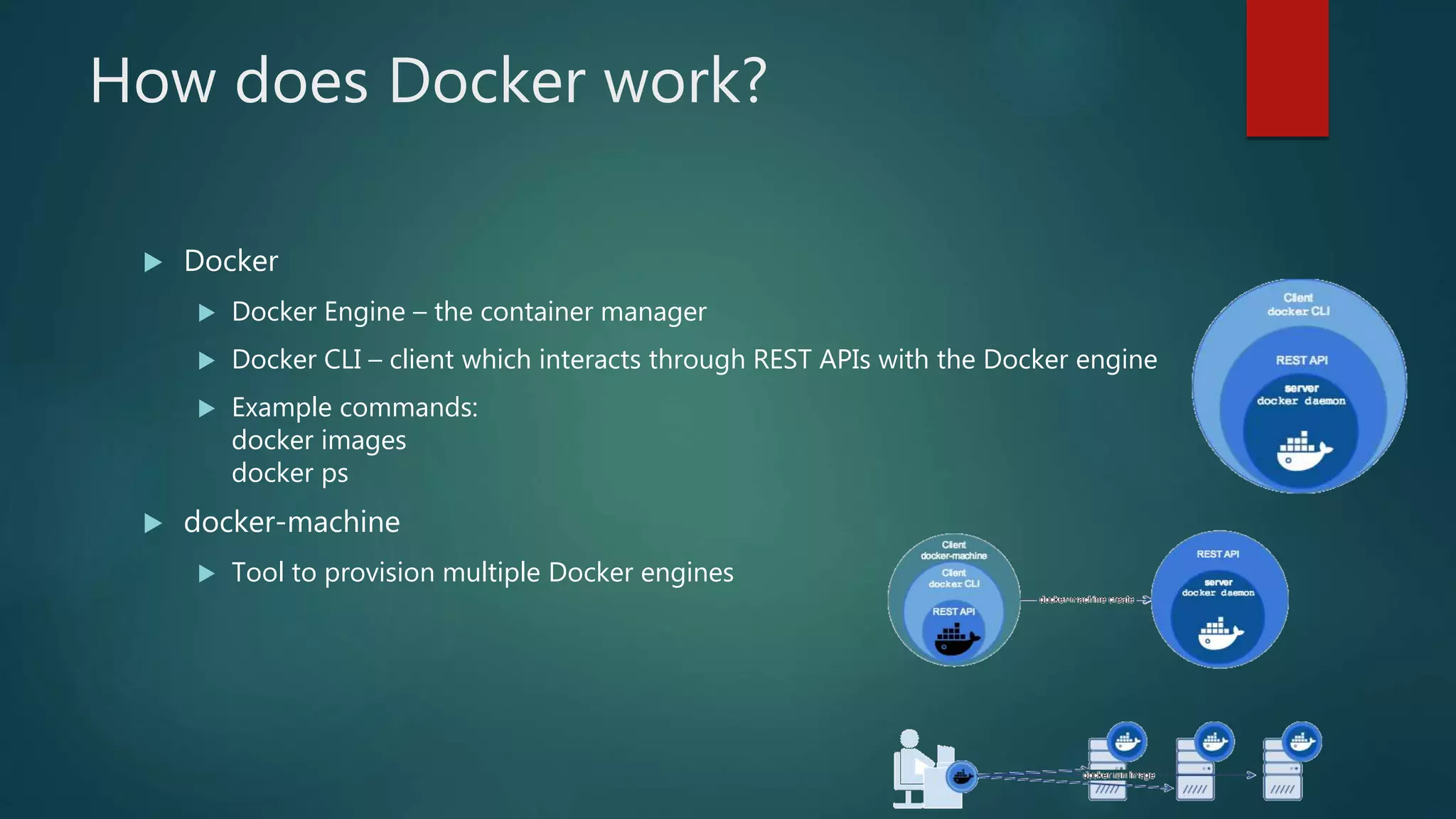 How does Docker work?
 Docker
 Docker Engine – the container manager
 Docker CLI – client which interacts through REST APIs with the Docker engine
 Example commands:
docker images
docker ps
 docker-machine
 Tool to provision multiple Docker engines
 