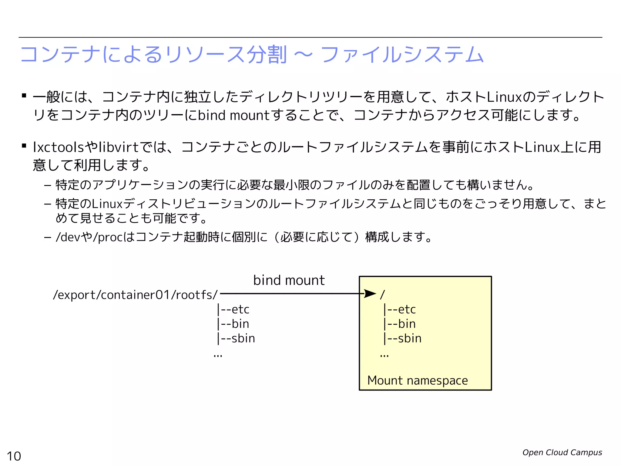 Open Cloud Campus
10
Linux女子部 Dockerを支える技術
コンテナによるリソース分割 〜 ファイルシステム
 一般には、コンテナ内に独立したディレクトリツリーを用意して、ホストLinuxのディレクト
リをコンテナ内のツリーにbind mountすることで、コンテナからアクセス可能にします。
 lxctoolsやlibvirtでは、コンテナごとのルートファイルシステムを事前にホストLinux上に用
意して利用します。
– 特定のアプリケーションの実行に必要な最小限のファイルのみを配置しても構いません。
– 特定のLinuxディストリビューションのルートファイルシステムと同じものをごっそり用意して、まと
めて見せることも可能です。
– /devや/procはコンテナ起動時に個別に（必要に応じて）構成します。
Mount namespace
/
|--etc
|--bin
|--sbin
...
/export/container01/rootfs/
|--etc
|--bin
|--sbin
...
bind mount
 