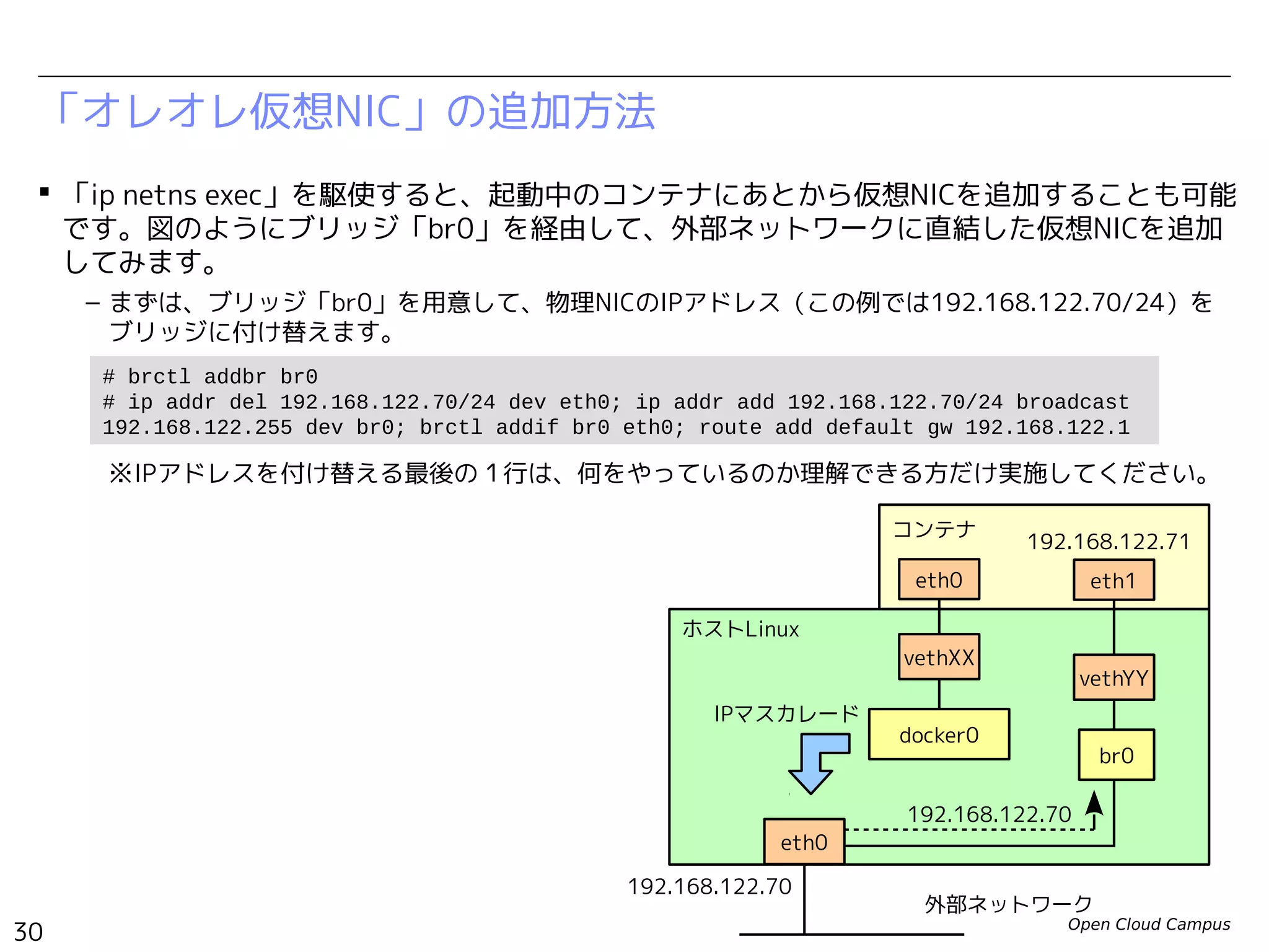 Open Cloud Campus
30
Linux女子部 Dockerを支える技術
「オレオレ仮想NIC」の追加方法
 「ip netns exec」を駆使すると、起動中のコンテナにあとから仮想NICを追加することも可能
です。図のようにブリッジ「br0」を経由して、外部ネットワークに直結した仮想NICを追加
してみます。
– まずは、ブリッジ「br0」を用意して、物理NICのIPアドレス（この例では192.168.200.20/24）を
ブリッジに付け替えます。
# brctl addbr br0; ip link set br0 up
# ip addr del 192.168.200.20/24 dev eth0; ip addr add 192.168.200.20/24 broadcast
192.168.200.255 dev br0; brctl addif br0 eth0; route add default gw 192.168.200.1
# echo 'NM_CONTROLLED="no"' >> /etc/sysconfig/network-scripts/ifcfg-eth0
# systemctl enable network.service
ホストLinux
vethXX
eth0
コンテナ
docker0
IPマスカレード
外部ネットワーク
vethYY
eth1
br0
192.168.200.99
192.168.200.20
192.168.200.20
eth0
※IPアドレスを付け替える最後の３行は、何をやっているのか
　理解できる方だけ実施してください。
 