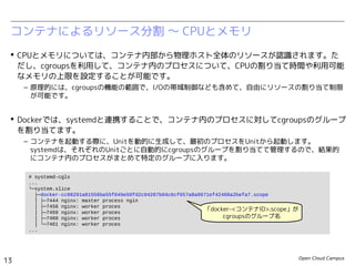 Open Cloud Campus
13
Linux女子部 Dockerを支える技術
コンテナによるリソース分割 〜 CPUとメモリ
 CPUとメモリについては、コンテナ内部から物理ホスト全体のリソースが認識されます。た
だし、cgroupsを利用して、コンテナ内のプロセスについて、CPUの割り当て時間や利用可能
なメモリの上限を設定することが可能です。
– 原理的には、cgroupsの機能の範囲で、I/Oの帯域制御なども含めて、自由にリソースの割り当て制限
が可能です。
 Dockerでは、systemdと連携することで、コンテナ内のプロセスに対してcgroupsのグループ
を割り当てます。
– コンテナを起動する際に、Unitを動的に生成して、最初のプロセスをUnitから起動します。　
systemdは、それぞれのUnitごとに自動的にcgroupsのグループを割り当てて管理するので、結果的
にコンテナ内のプロセスがまとめて特定のグループに入ります。
# systemd-cgls
...
└─system.slice
├─docker-cc08291a81556ba55f049e50fd2c04287b04c6cf657a8a9971ef42468a2befa7.scope
│ ├─7444 nginx: master process ngin
│ ├─7458 nginx: worker proces
│ ├─7459 nginx: worker proces
│ ├─7460 nginx: worker proces
│ └─7461 nginx: worker proces
...
「docker-<コンテナID>.scope」が
cgroupsのグループ名
 