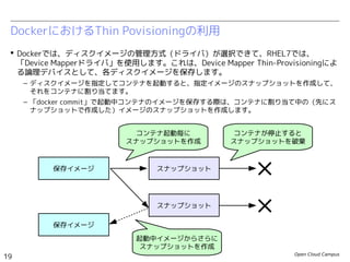 Open Cloud Campus
19
Linux女子部 Dockerを支える技術
 Dockerでは、ディスクイメージの管理方式（ドライバ）が選択できて、Fedora20/RHEL7で
は、「Device Mapperドライバ」を使用します。これは、Device Mapper Thin-Provisioning
による論理デバイスとして、各ディスクイメージを保存します。
– ディスクイメージを指定してコンテナを起動すると、指定イメージのスナップショットを作成して、
それをコンテナに割り当てます。
– 「docker commit」でコンテナのイメージを保存する際は、コンテナに割り当て中の（先にスナップ
ショットで作成した）イメージのスナップショットを作成します。（「docker stop」でコンテナを
停止してから、「docker commit」で保存。）
DockerにおけるThin Povisioningの利用
保存イメージ
スナップ
ショット
コンテナ起動時に
スナップショットを作成
×
run
commit
rm
プロセス
スナップ
ショット
stop
start
保存イメージ
コンテナを停止するとプロセスが停止
（ディスクイメージは残っている）
コンテナを削除すると
ディスクイメージを破棄
ディスクイメージを複製して
保存イメージとして登録
参考：Dockerにおけるコンテナのライフサイクル
http://d.hatena.ne.jp/enakai00/20140628/1403933390
 
