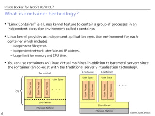 Open Cloud Campus
6
Inside Docker for Fedora20/RHEL7
 "Linux Container" is a Linux kernel feature to contain a group of processes in an
independent execution environment called a container.
 Linux kernel provides an independent apllication execution environment for each
container which includes:
– Independent filesystem.
– Independent network interface and IP address.
– Usage limit for memory and CPU time.
 You can use containers on Linux virtual machines in addition to baremetal servers since
the container can co-exist with the traditional server virtualization technology.
Linux Kernel
UserProcess
・・・
Physical Machine
Physical Machine
OS
ContainerBaremetal
UserProcess
UserProcess
User Space
Linux Kernel
UserProcess
UserProcess
User Space
UserProcess
UserProcess
User Space
・・・
What is container technology?
Container
 