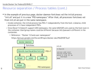 Open Cloud Campus
9
Inside Docker for Fedora20/RHEL7
Resource separation / Process tables (cont.)
fork/exec
sshd
PID namespace
 In the example of previous page, docker daemon fork/exec-ed the initial process
"init.sh" and put it in a new "PID namespace." After that, all processes fork/exec-ed
from init.sh are put in the same namespace.
– Inside container, the initial process has PID=1 independently from the host. Likewise, child
processes of it have independent PID's.
– Since Docer1.0 doesn't support UID namespace, the same UID/GID's are used as the host even in
the container. User/group names could be different because /etc/passwd is different in the
containter.
• Reference："Docker 1.0 and user namespaces"
https://groups.google.com/forum/#!topic/docker-dev/MoIDYDF3suY
PID=1
bash
/bin/sh /usr/local/bin/init.sh
httpd
httpd
・・・
#!/bin/sh
service sshd start
service httpd start
while [[ true ]]; do
/bin/bash
done
init.sh
docker daemon
 