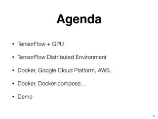 Agenda
• TensorFlow + GPU
• TensorFlow Distributed Environment
• Docker, Google Cloud Platform, AWS..
• Docker, Docker-compose…
• Demo
4
 