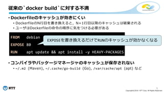 5
Copyright©2018 NTT Corp. All Rights Reserved.
• Dockerfileのキャッシュが効きにくい
• DockerfileのN行目を書き換えると，N+1行目以降のキャッシュは破棄される
• ユーザはDockerfileの命令の順序に気をつける必要がある
• コンパイラやパッケージマネージャのキャッシュが保存されない
• ~/.m2 (Maven), ~/.cache/go-build (Go), /var/cache/apt (apt) など
従来の`docker build`に対する不満
FROM debian
EXPOSE 80
RUN apt update && apt install –y HEAVY-PACKAGES
EXPOSEを書き換えるだけでRUNのキャッシュが効かなくなる
 