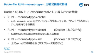 10
Copyright 2021 NTT CORPORATION
Dockerfile: RUN --mount=type=…が正式機能に昇格
Docker 18.06 にて experimentalとして導⼊された機能
• RUN –-mount=type=cache
• apt、maven、npm などのパッケージマネージャや、コンパイラのキャッ
シュを保持できる機能
• RUN –-mount=type=secret (Docker 18.09から)
• SSHやS3などの認証情報を安全に扱える機能
• RUN –-mount=type=ssh (Docker 18.09から)
• 上記secretのSSH特化版 (パスフレーズ対応など)
など
 