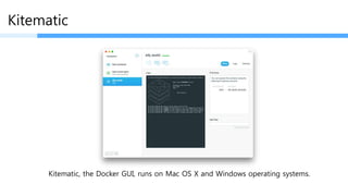 Kitematic
Kitematic, the Docker GUI, runs on Mac OS X and Windows operating systems.
 