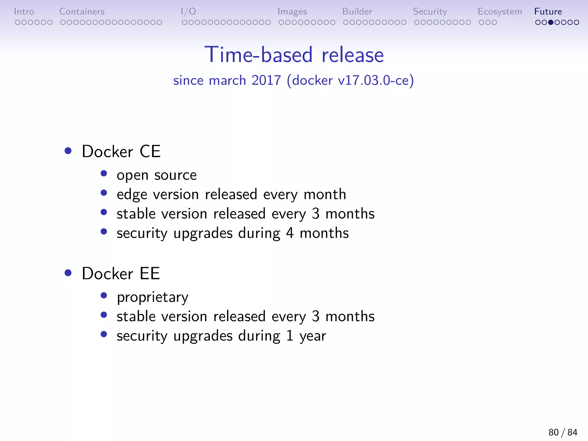 Intro Containers I/O Images Builder Security Ecosystem Future
Time-based release
since march 2017 (docker v17.03.0-ce)
• Docker CE
• open source
• edge version released every month
• stable version released every 3 months
• security upgrades during 4 months
• Docker EE
• proprietary
• stable version released every 3 months
• security upgrades during 1 year
80 / 84
 