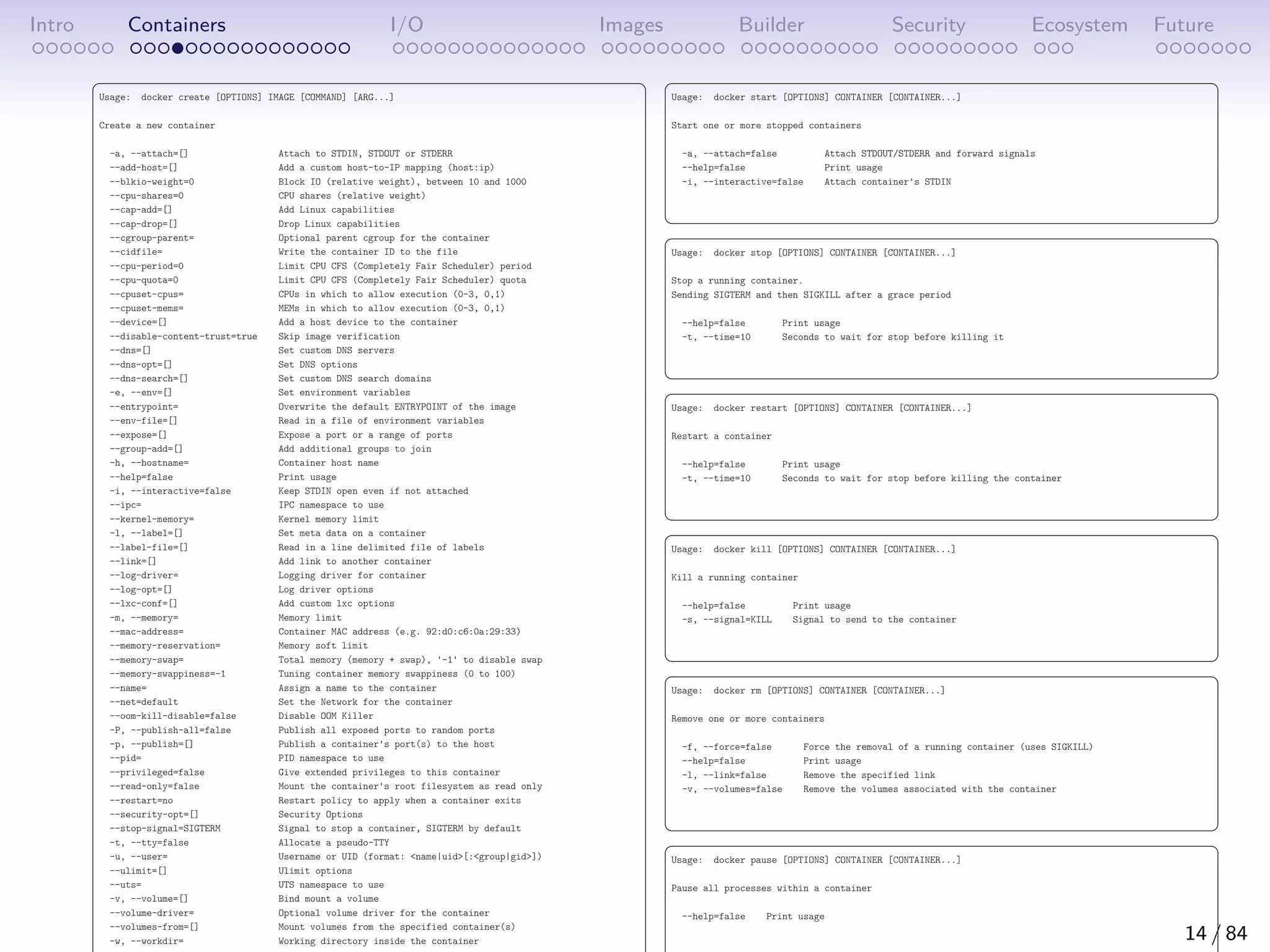 Intro Containers I/O Images Builder Security Ecosystem Future
 
Usage: docker create [OPTIONS] IMAGE [COMMAND] [ARG...]
Create a new container
-a, --attach=[] Attach to STDIN, STDOUT or STDERR
--add-host=[] Add a custom host-to-IP mapping (host:ip)
--blkio-weight=0 Block IO (relative weight), between 10 and 1000
--cpu-shares=0 CPU shares (relative weight)
--cap-add=[] Add Linux capabilities
--cap-drop=[] Drop Linux capabilities
--cgroup-parent= Optional parent cgroup for the container
--cidfile= Write the container ID to the file
--cpu-period=0 Limit CPU CFS (Completely Fair Scheduler) period
--cpu-quota=0 Limit CPU CFS (Completely Fair Scheduler) quota
--cpuset-cpus= CPUs in which to allow execution (0-3, 0,1)
--cpuset-mems= MEMs in which to allow execution (0-3, 0,1)
--device=[] Add a host device to the container
--disable-content-trust=true Skip image verification
--dns=[] Set custom DNS servers
--dns-opt=[] Set DNS options
--dns-search=[] Set custom DNS search domains
-e, --env=[] Set environment variables
--entrypoint= Overwrite the default ENTRYPOINT of the image
--env-file=[] Read in a file of environment variables
--expose=[] Expose a port or a range of ports
--group-add=[] Add additional groups to join
-h, --hostname= Container host name
--help=false Print usage
-i, --interactive=false Keep STDIN open even if not attached
--ipc= IPC namespace to use
--kernel-memory= Kernel memory limit
-l, --label=[] Set meta data on a container
--label-file=[] Read in a line delimited file of labels
--link=[] Add link to another container
--log-driver= Logging driver for container
--log-opt=[] Log driver options
--lxc-conf=[] Add custom lxc options
-m, --memory= Memory limit
--mac-address= Container MAC address (e.g. 92:d0:c6:0a:29:33)
--memory-reservation= Memory soft limit
--memory-swap= Total memory (memory + swap), '-1' to disable swap
--memory-swappiness=-1 Tuning container memory swappiness (0 to 100)
--name= Assign a name to the container
--net=default Set the Network for the container
--oom-kill-disable=false Disable OOM Killer
-P, --publish-all=false Publish all exposed ports to random ports
-p, --publish=[] Publish a container's port(s) to the host
--pid= PID namespace to use
--privileged=false Give extended privileges to this container
--read-only=false Mount the container's root filesystem as read only
--restart=no Restart policy to apply when a container exits
--security-opt=[] Security Options
--stop-signal=SIGTERM Signal to stop a container, SIGTERM by default
-t, --tty=false Allocate a pseudo-TTY
-u, --user= Username or UID (format: name|uid[:group|gid])
--ulimit=[] Ulimit options
--uts= UTS namespace to use
-v, --volume=[] Bind mount a volume
--volume-driver= Optional volume driver for the container
--volumes-from=[] Mount volumes from the specified container(s)
-w, --workdir= Working directory inside the container
 
Usage: docker start [OPTIONS] CONTAINER [CONTAINER...]
Start one or more stopped containers
-a, --attach=false Attach STDOUT/STDERR and forward signals
--help=false Print usage
-i, --interactive=false Attach container's STDIN
 
 
Usage: docker stop [OPTIONS] CONTAINER [CONTAINER...]
Stop a running container.
Sending SIGTERM and then SIGKILL after a grace period
--help=false Print usage
-t, --time=10 Seconds to wait for stop before killing it
 
 
Usage: docker restart [OPTIONS] CONTAINER [CONTAINER...]
Restart a container
--help=false Print usage
-t, --time=10 Seconds to wait for stop before killing the container
 
 
Usage: docker kill [OPTIONS] CONTAINER [CONTAINER...]
Kill a running container
--help=false Print usage
-s, --signal=KILL Signal to send to the container
 
 
Usage: docker rm [OPTIONS] CONTAINER [CONTAINER...]
Remove one or more containers
-f, --force=false Force the removal of a running container (uses SIGKILL)
--help=false Print usage
-l, --link=false Remove the specified link
-v, --volumes=false Remove the volumes associated with the container
 
 
Usage: docker pause [OPTIONS] CONTAINER [CONTAINER...]
Pause all processes within a container
--help=false Print usage
14 / 84
 
