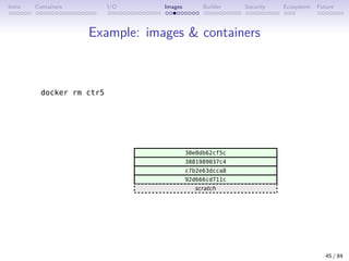 Intro Containers I/O Images Builder Security Ecosystem Future
Example: images  containers
45 / 84
 