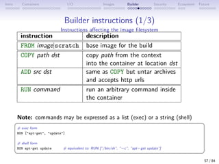 Intro Containers I/O Images Builder Security Ecosystem Future
Builder instructions (1/3)
Instructions affecting the image filesystem
instruction description
FROM image|scratch base image for the build
COPY path dst copy path from the context
into the container at location dst
ADD src dst same as COPY but untar archives
and accepts http urls
RUN command run an arbitrary command inside
the container
Note: commands may be expressed as a list (exec) or a string (shell)
 
# exec form
RUN [apt-get, update]
# shell form
RUN apt-get update # equivalent to: RUN [”/bin/sh”, ”−c”, ”apt−get update”]
 
57 / 84
 