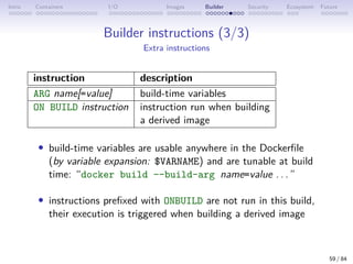 Intro Containers I/O Images Builder Security Ecosystem Future
Builder instructions (3/3)
Extra instructions
instruction description
ARG name[=value] build-time variables
ON BUILD instruction instruction run when building
a derived image
• build-time variables are usable anywhere in the Dockerfile
(by variable expansion: $VARNAME) and are tunable at build
time: “docker build --build-arg name=value . . . ”
• instructions prefixed with ONBUILD are not run in this build,
their execution is triggered when building a derived image
59 / 84
 