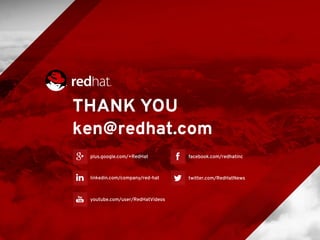 INSERT DESIGNATOR, IF NEEDED 11
THANK YOU
ken@redhat.com
plus.google.com/+RedHat
linkedin.com/company/red-hat
youtube.com/user/RedHatVideos
facebook.com/redhatinc
twitter.com/RedHatNews
 