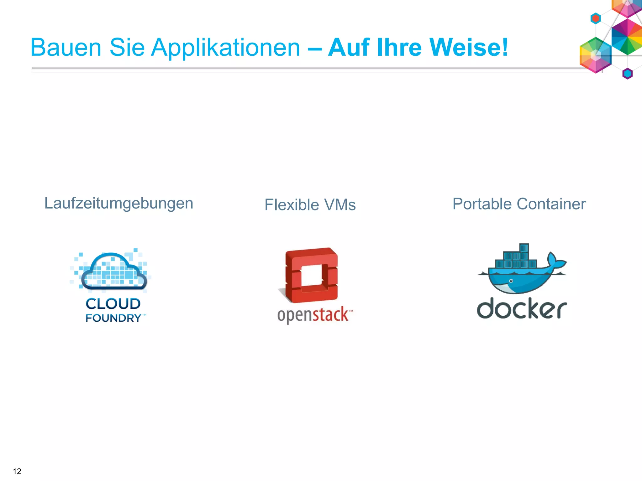 Bauen Sie Applikationen – Auf Ihre Weise!
12
Laufzeitumgebungen Flexible VMs Portable Container
 