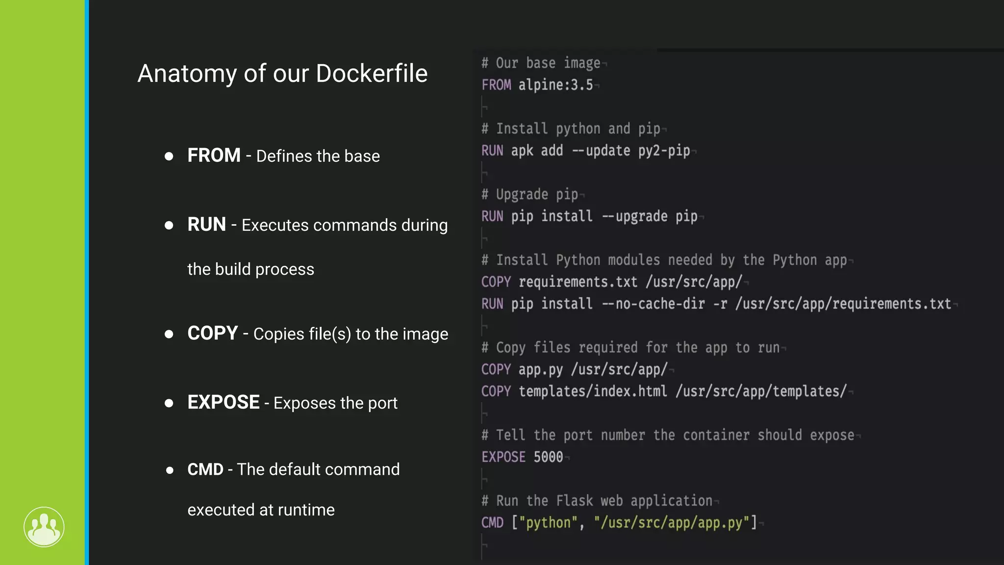 Anatomy of our Dockerfile ● FROM - Defines the base ● RUN - Executes commands during the build process ● COPY - Copies file(s) to the image ● EXPOSE - Exposes the port ● CMD - The default command executed at runtime 