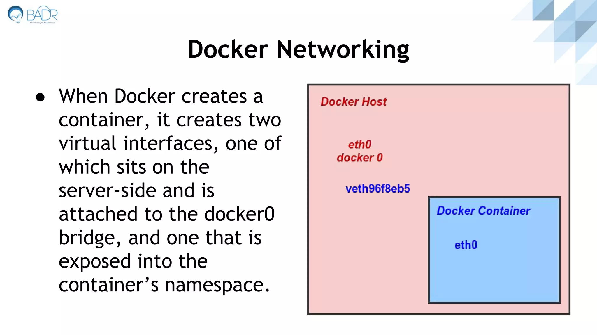 ● When Docker creates a
container, it creates two
virtual interfaces, one of
which sits on the
server-side and is
attached to the docker0
bridge, and one that is
exposed into the
container’s namespace.
Docker Networking
 