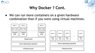● We can run more containers on a given hardware
combination than if you were using virtual machines.
Why Docker ? Cont.
 