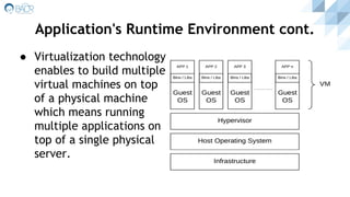 ● Virtualization technology
enables to build multiple
virtual machines on top
of a physical machine
which means running
multiple applications on
top of a single physical
server.
Application's Runtime Environment cont.
 