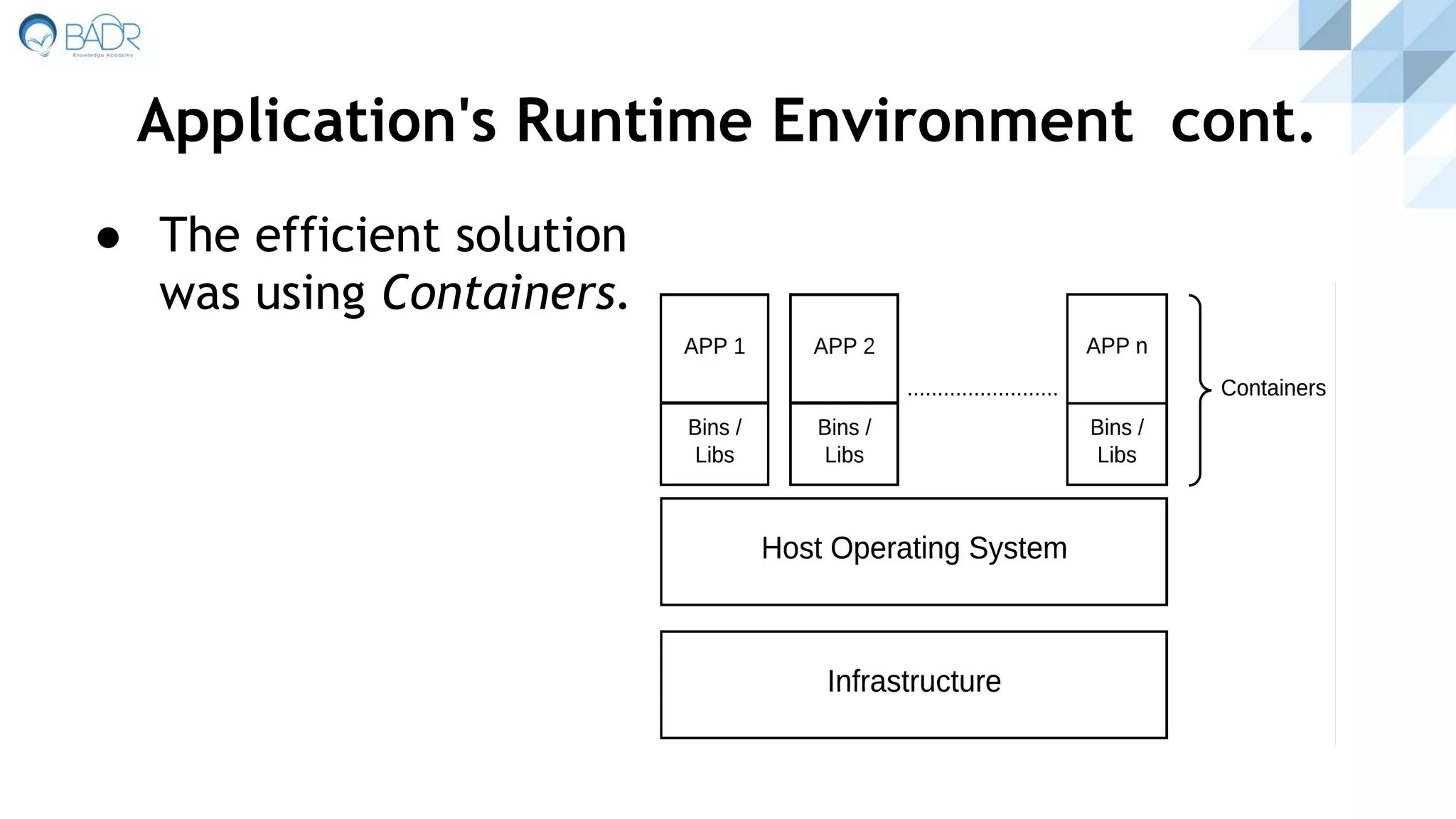 ● The efficient solution
was using Containers.
Application's Runtime Environment cont.
 