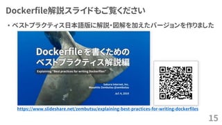 Dockerfile解説スライドもご覧ください
• ベストプラクティス日本語版に解説・図解を加えたバージョンを作りました
15
https://www.slideshare.net/zembutsu/explaining-best-practices-for-writing-dockerfiles
 