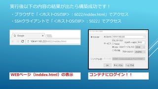 ・ブラウザで「＜ホストOSのIP＞：6022/inddex.html」でアクセス
・SSHクライアントで「＜ホストOSのIP＞：5022」でアクセス
実行後以下の内容の結果が出たら構築成功です！
コンテナにログイン！！WEBページ（inddex.html）の表示
 
